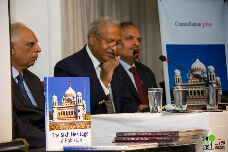 LtoR: Syed Javaid A.Kazi (Photographer), Dr.Safdar Ali Shah (Text Writer) , Mansoor Rashid (Producer / Publisher), during presentation on Sikh Heritage Of Pakistan at Kuch Khaas, Islamabad (Photo Credits: Riz Photography)