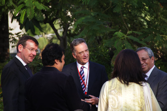 Francis Campbell (Left), British Deputy High Commissioner and David Martin (Right), Country Director, British Council Pakistan, mingle with some guests after the launch. Campbell commented that the book itself showcased the ?contribution of a minority faith to wider society?.