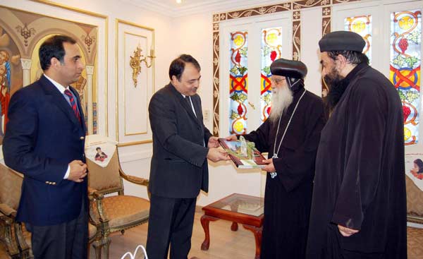 CAIRO: Ambassador of Pakistan to Cairo, Mr. Manzoor-ul-Haq is presenting a book “Churches of Pakistan” to the Interim Coptic Pope of Egypt Bishop Bakhomious on the occasion of National Minorities Day being celebrated in Pakistan.